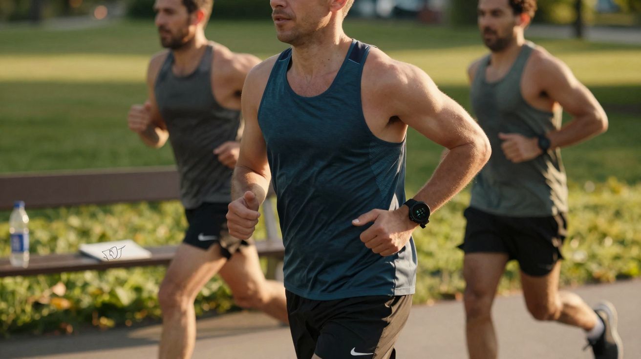 Three men jogging outdoors on a sunny day wearing athletic clothing and fitness watches.