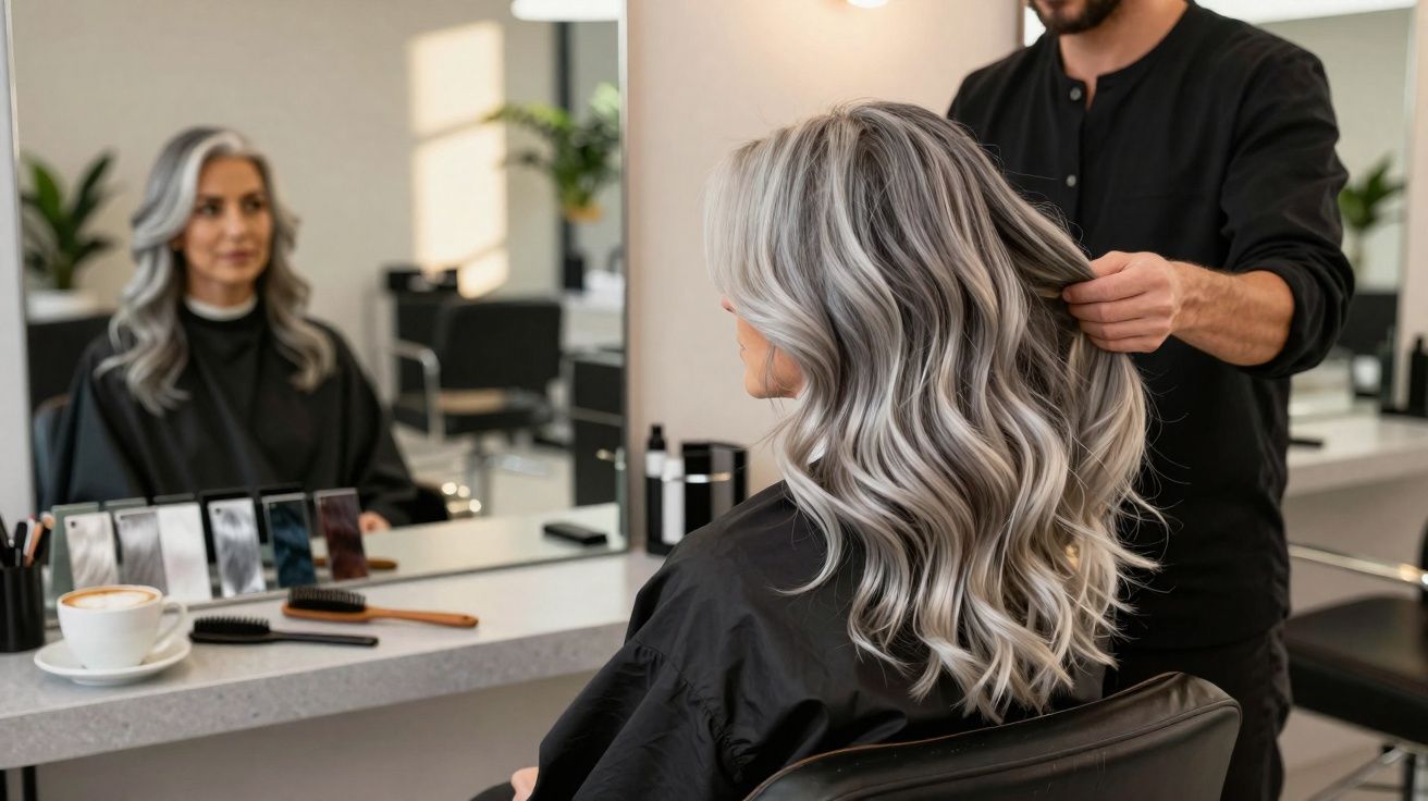 Hair stylist arranging a woman’s long wavy silver hair in a modern salon with a mirror and hair tools.