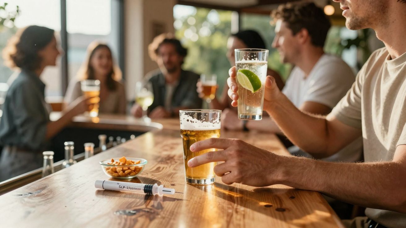 Group of people socialising at a bar with drinks, a bowl of snacks, and an insulin pen on the counter in focus.