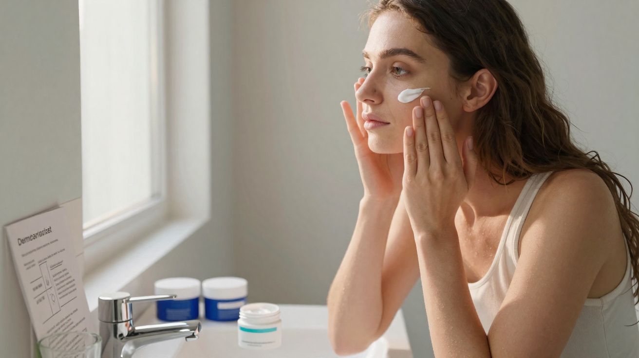 Young woman applying face cream in a bright bathroom near a sink and skincare products.