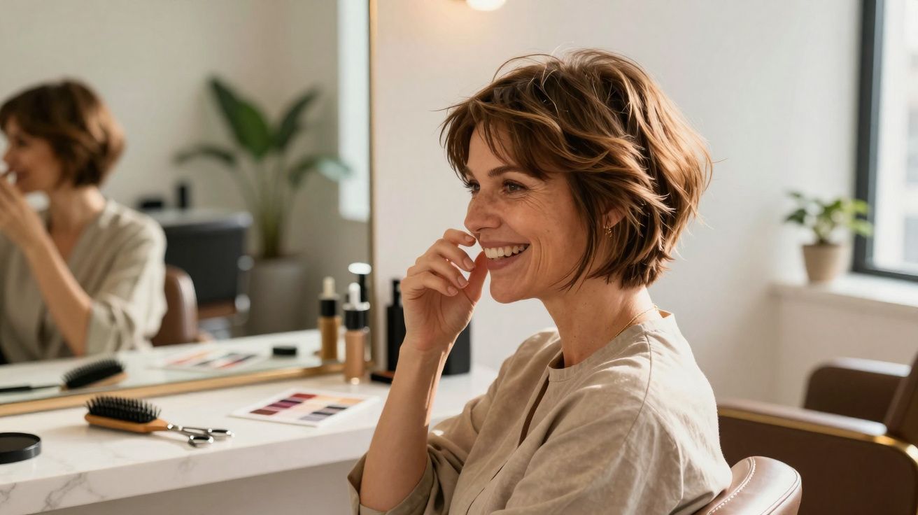 Smiling woman sitting at a vanity table with makeup products, looking to the side in a bright room.