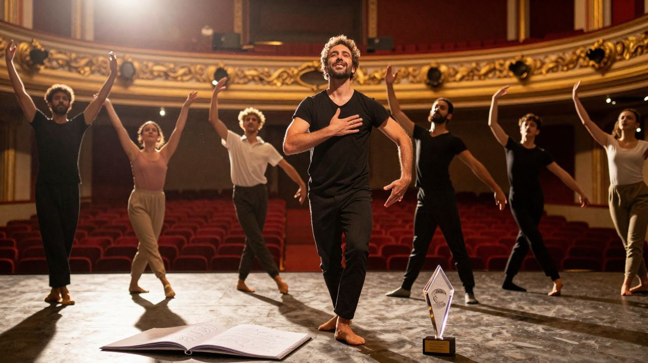 Group of barefoot dancers taking a bow on stage in a theatre, with an open score and a trophy in the foreground.