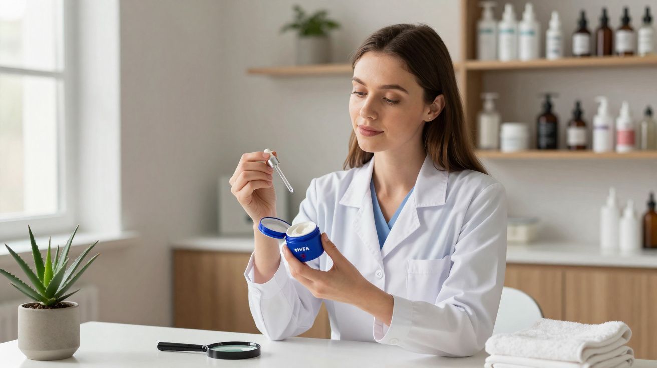 Woman in a lab coat holding a dropper and Nivea cream jar in a bright skincare lab setting.