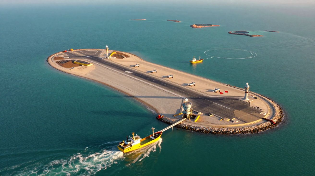 Aerial view of a small artificial island with a runway, lighthouses, aircraft, and a yellow boat in surrounding water.