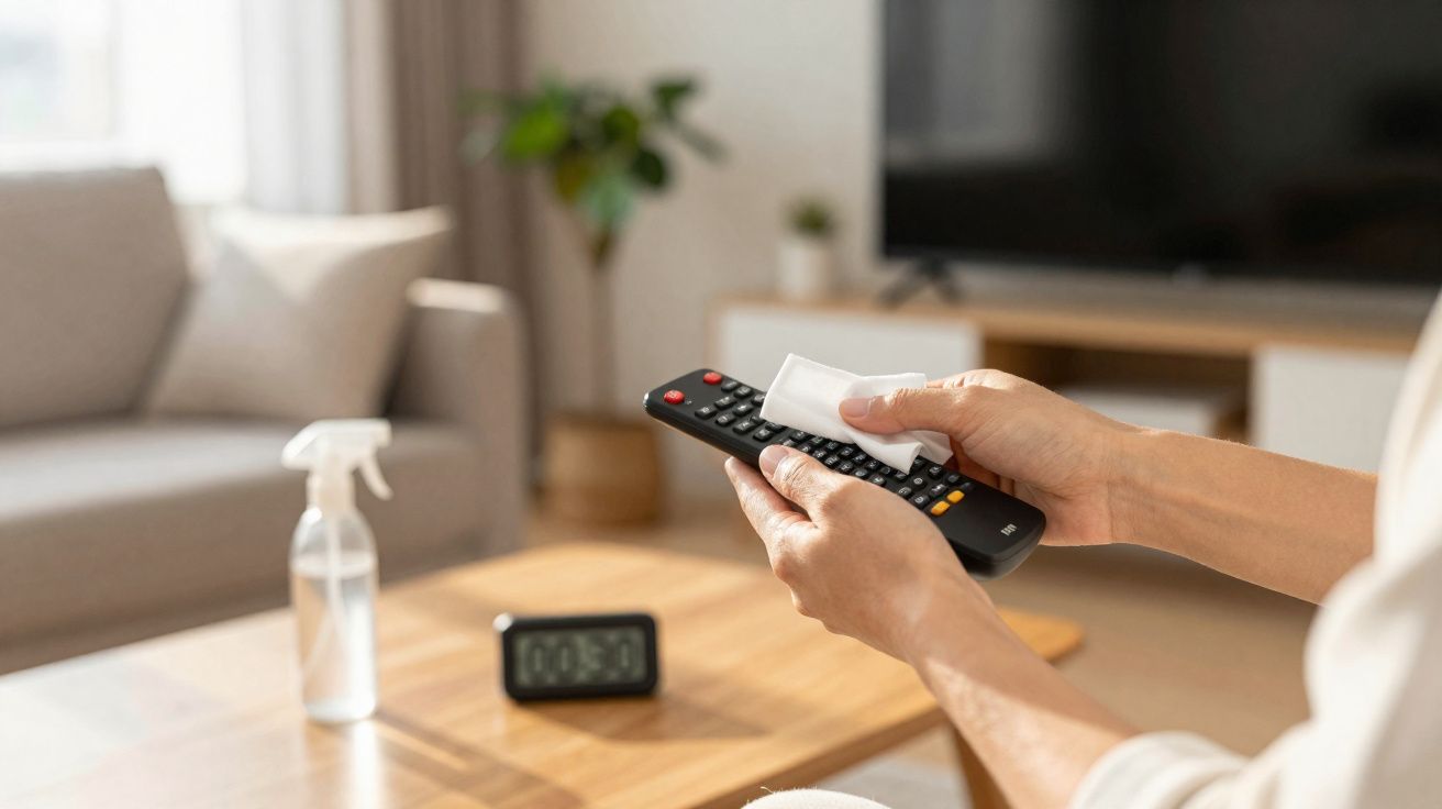 Person cleaning a TV remote control with a disinfectant wipe in a living room.