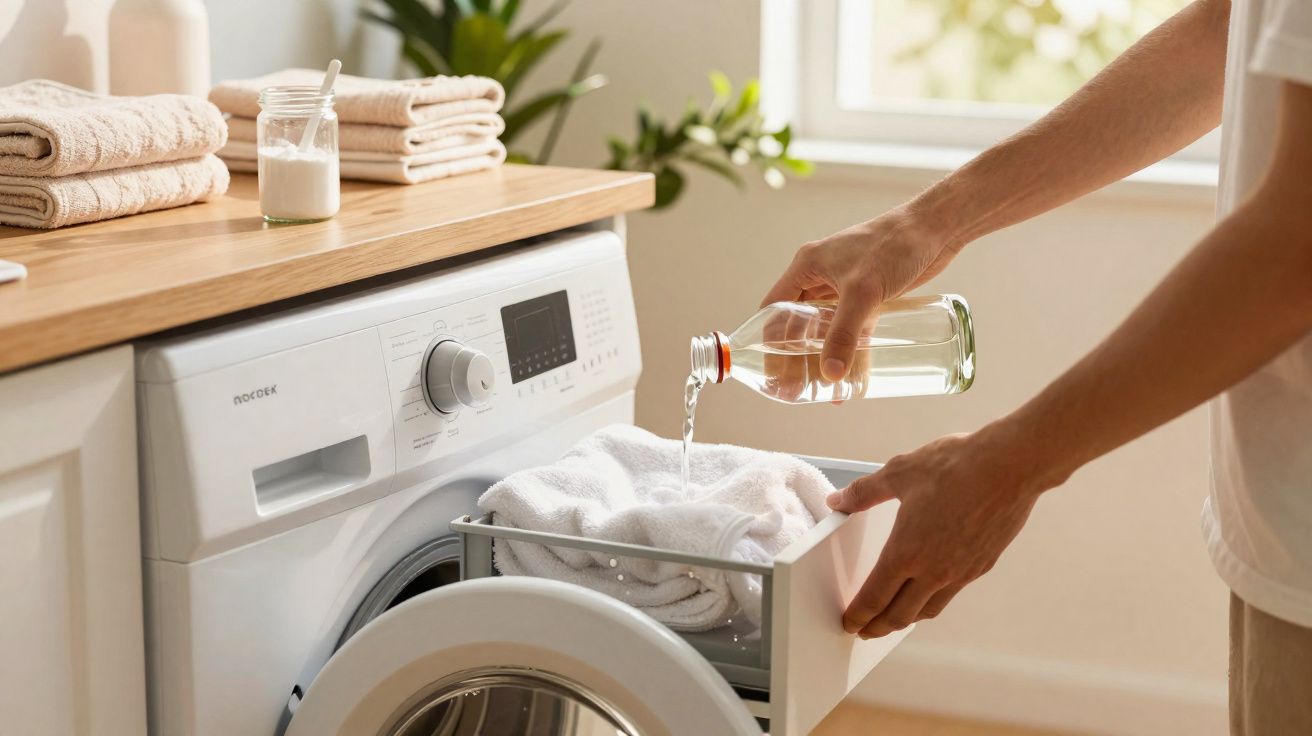 Person pouring liquid into a washing machine drawer with folded towels on the counter in a bright laundry room.