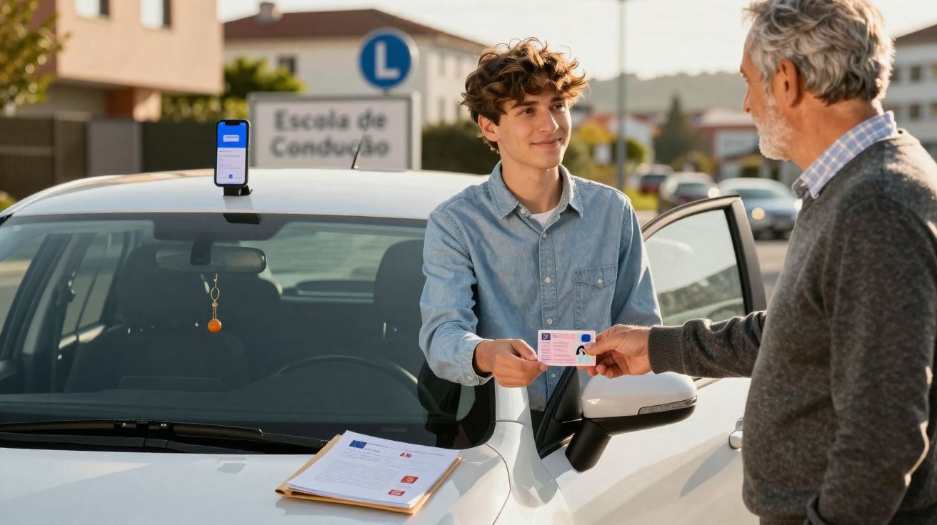 Young man in a driving school car handing his provisional licence to an older instructor outside.