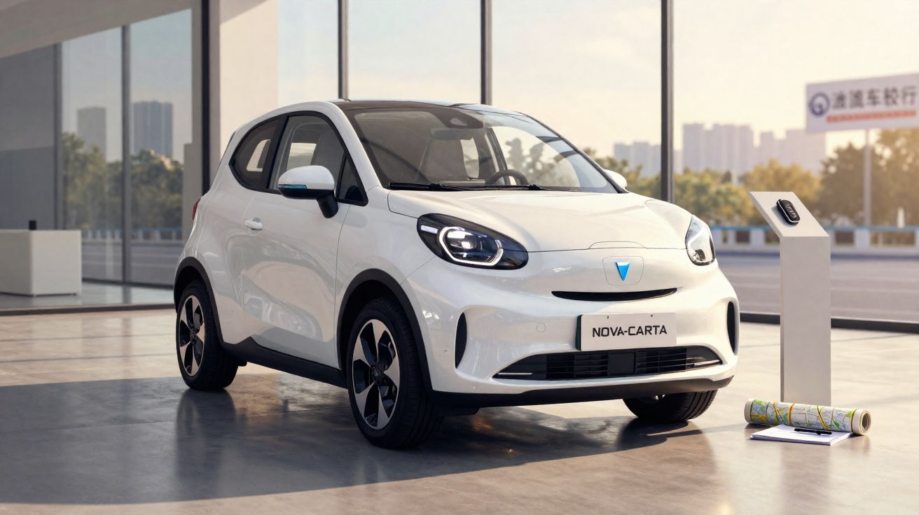 White compact car Nova-Carta displayed in a bright showroom with large windows and cityscape view.