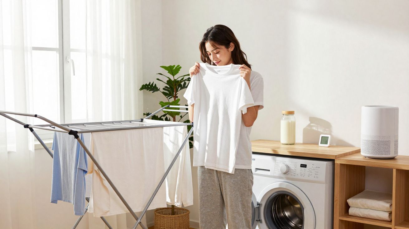 Woman holding a freshly washed white T-shirt next to a drying rack and washing machine in a bright laundry room.