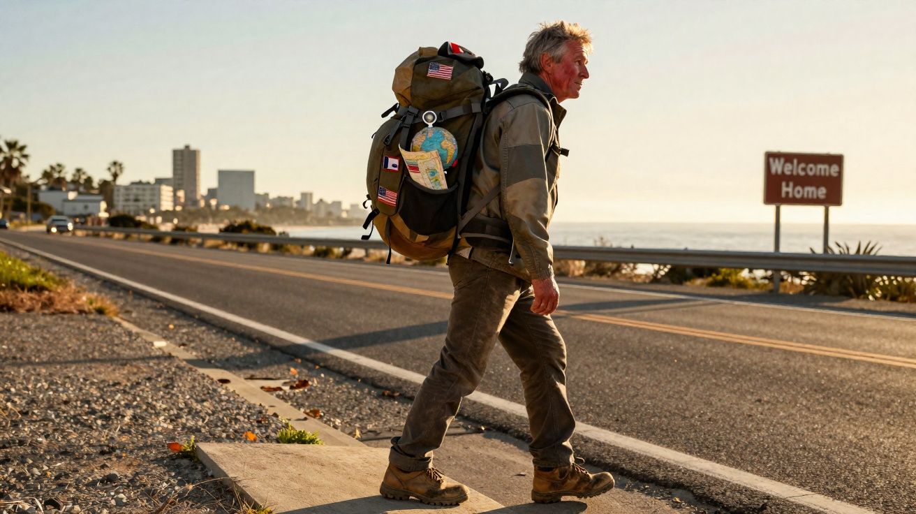 Man with large backpack walking along roadside at sunset near a sign that reads "Welcome Home."