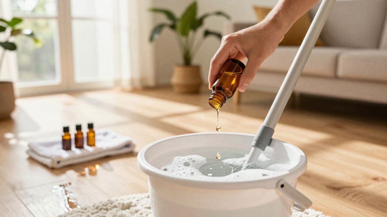 Hand pouring essential oil into a white bucket of soapy water with mop in a bright living room.