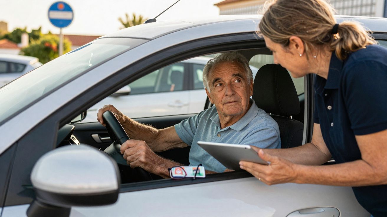 Elderly man in a car talking to a woman holding a tablet outside the driver's window.