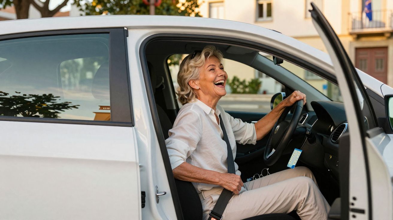 Smiling senior woman fastens seatbelt sitting in driver’s seat of white car with door open.