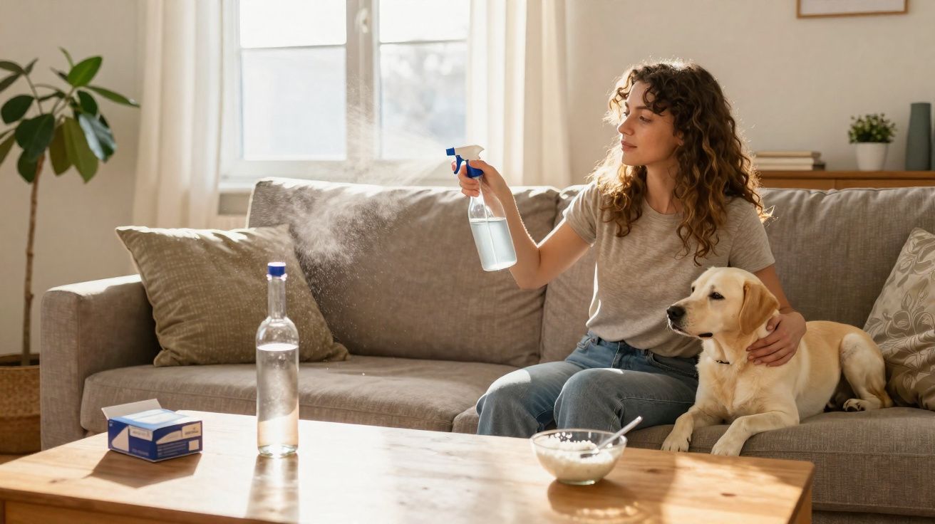 Woman sitting on a sofa sprays a mist from a bottle while a Labrador rests beside her in a sunlit living room.