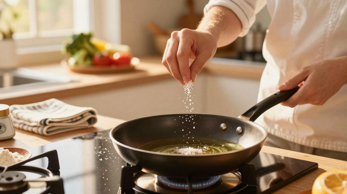 Person sprinkling salt into a frying pan with oil on a gas stove in a kitchen.