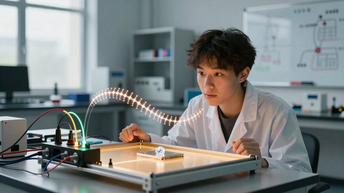 Scientist in a lab coat examining a diamond on a light panel with glowing digital wave effects in a laboratory.