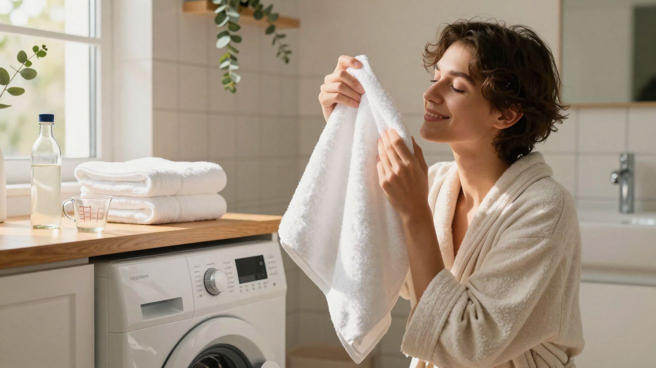 Woman in bathrobe enjoying the scent of a freshly washed white towel in a bright laundry room