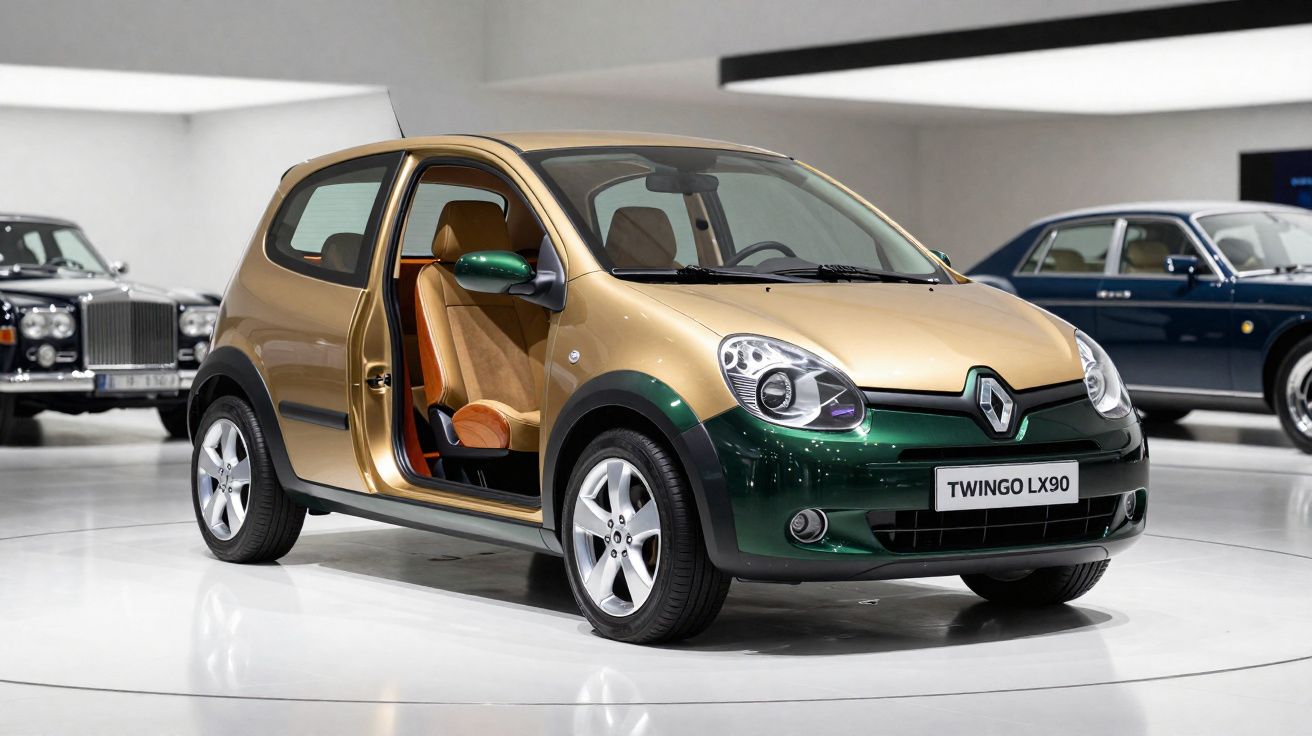Two-tone green and gold Renault Twingo LX90 hatchback with driver-side door open in a showroom.