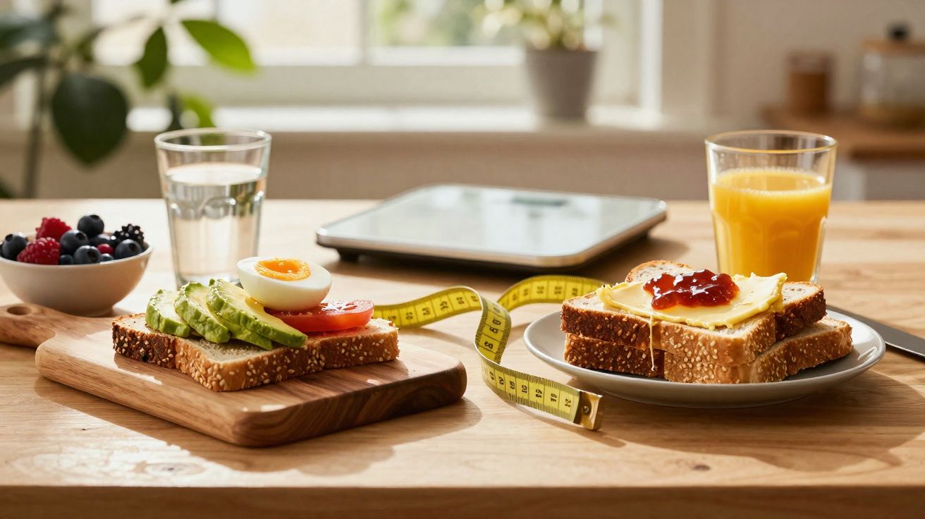 Healthy breakfast with toast topped with avocado, boiled egg, tomato, and jam, alongside juice, water, and berries.