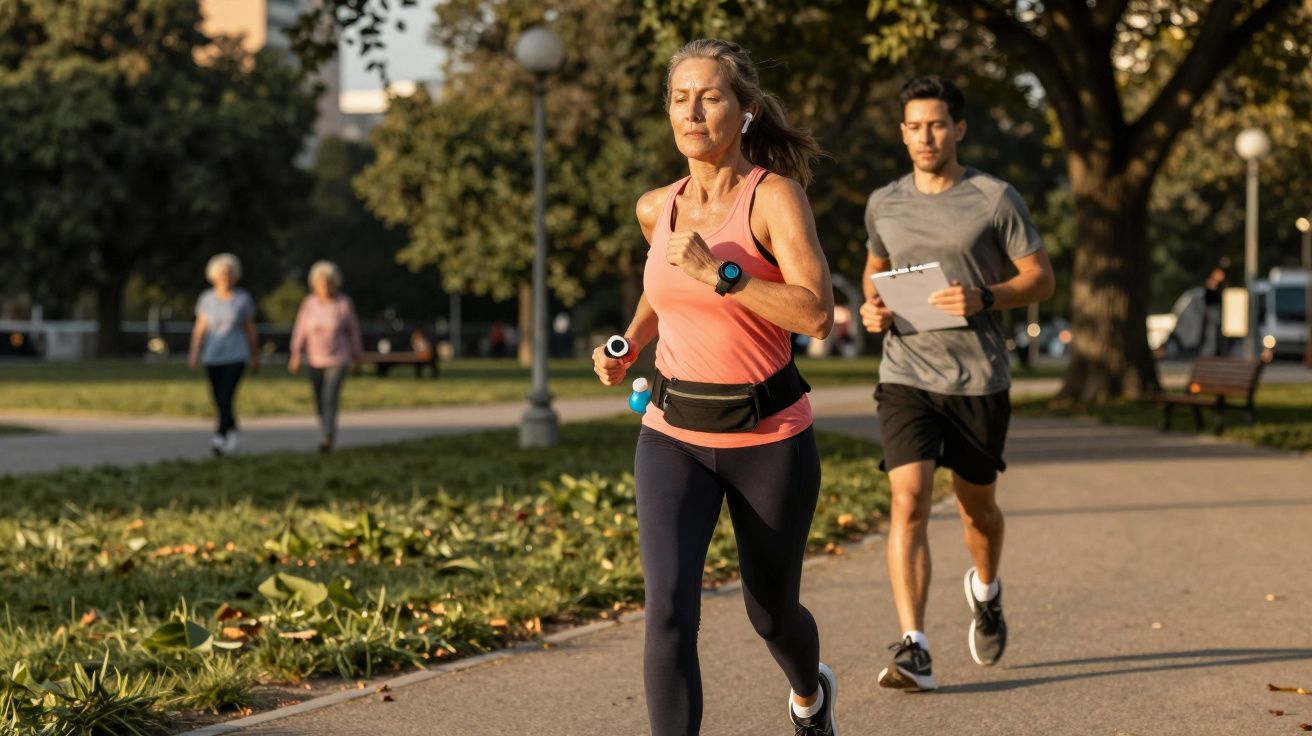 Woman jogging in park wearing fitness gear with man running behind holding a clipboard on sunny day.