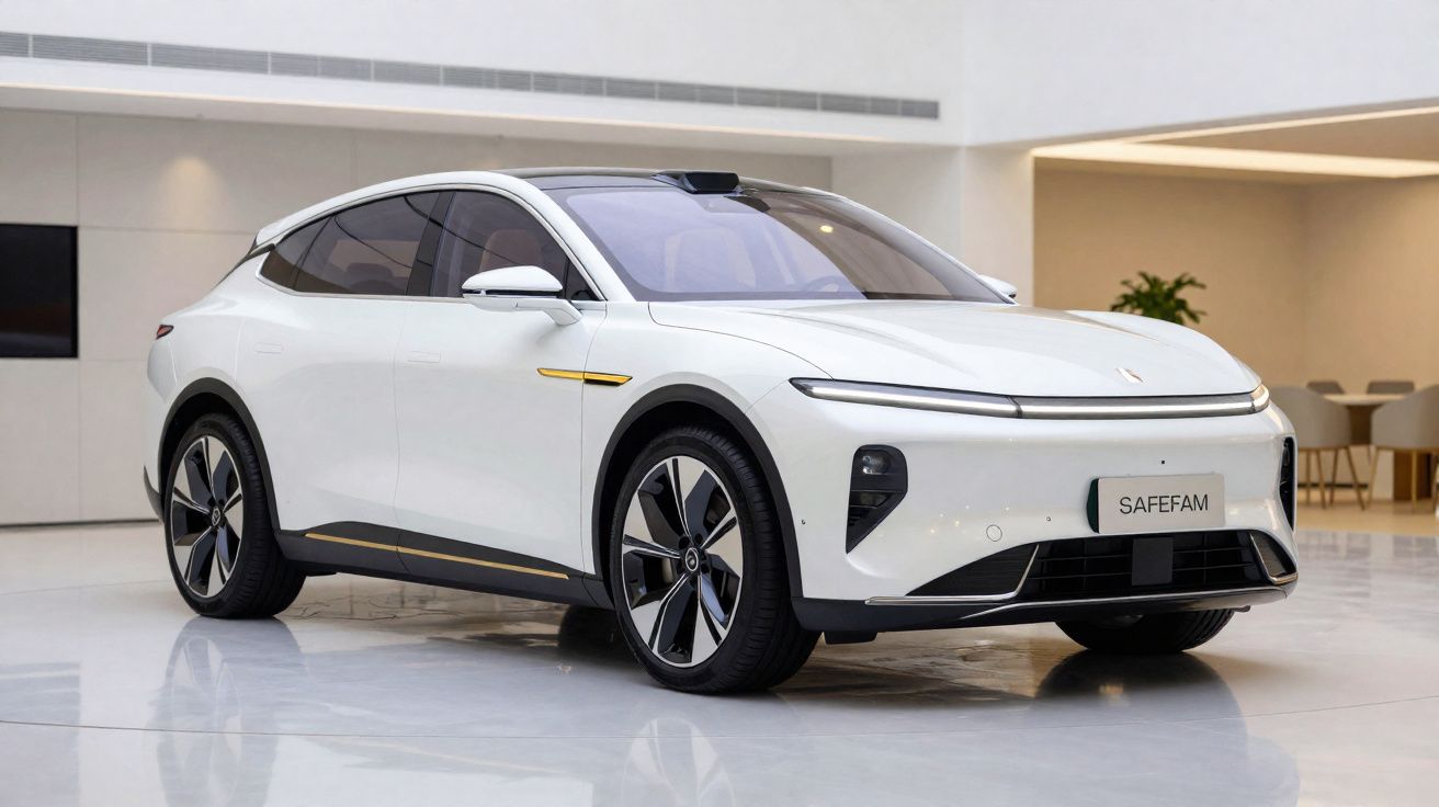 White modern electric SUV parked indoors with sleek design and tinted windows, labelled "SAFEFAM" on the front license plate.