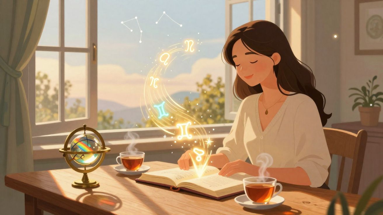Young woman reads a book at a sunlit table with tea and glowing zodiac symbols floating above the pages.