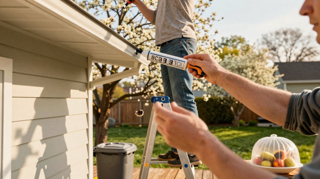 Person applying sealant to the edge of a house roof while another stands on a ladder outdoors.