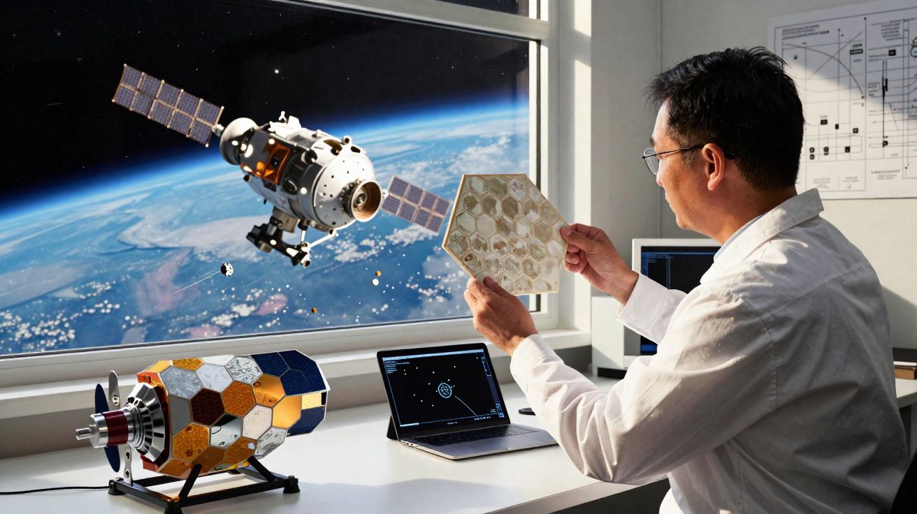 Scientist examines honeycomb-patterned panel near space models and laptop displaying satellite data by window showing Earth a