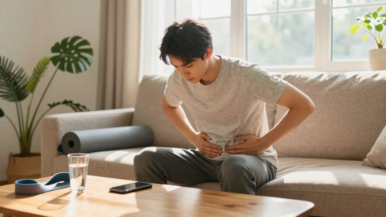 Young man sitting on a sofa clutching his stomach in pain with a glass of water and phone on the table.