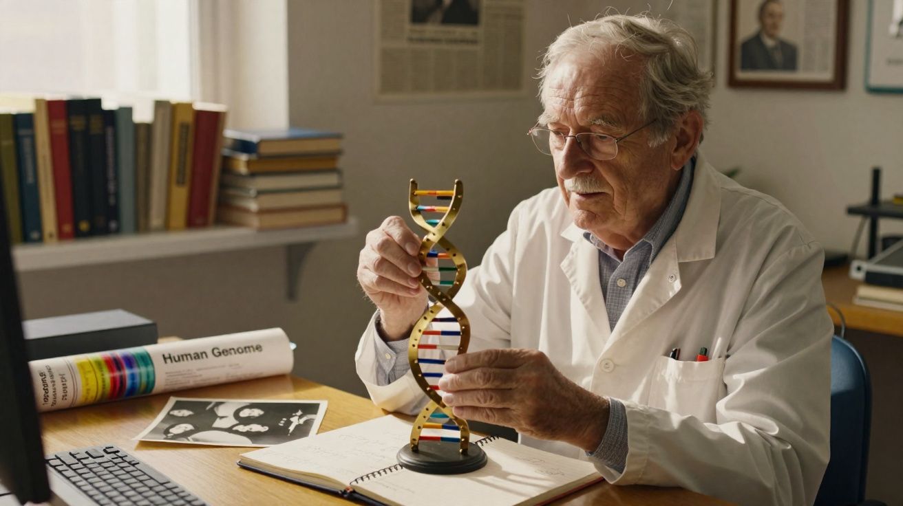 Elderly scientist in a lab coat examining a DNA double helix model at a desk with books and a computer.