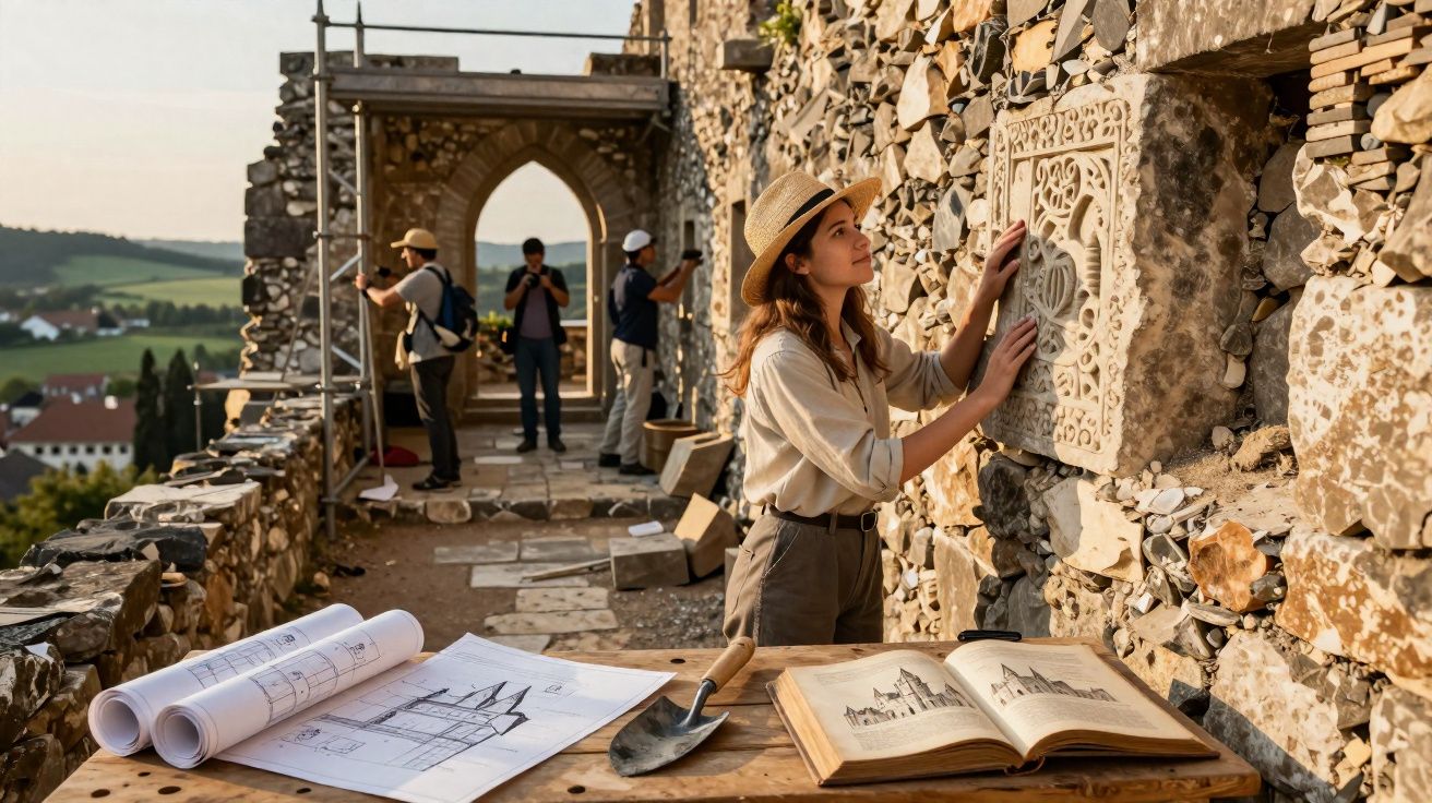 Archaeologists examining and restoring ancient stonework on a castle wall with blueprints and sketches nearby.