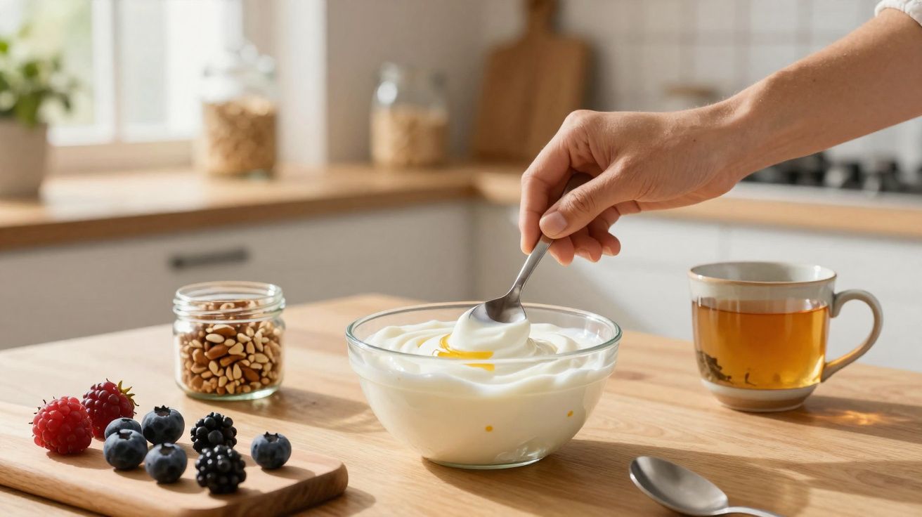 Hand stirring honey into a bowl of yogurt with fresh berries, nuts, and a cup of tea on a wooden table.