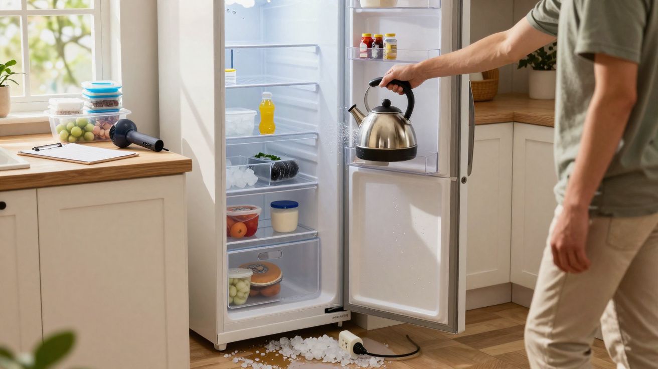 Person pulling a kettle out of an open fridge with ice spilled onto a kitchen floor.