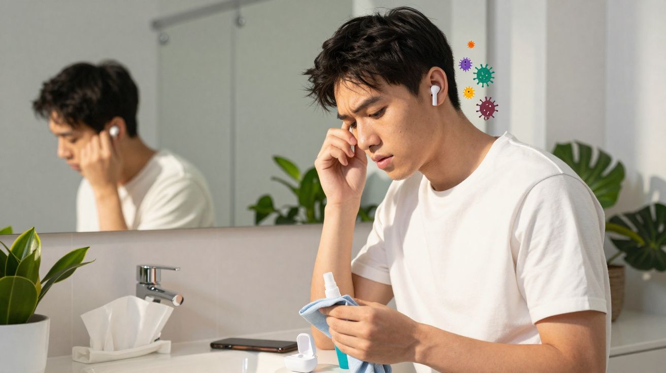 Young man in a white t-shirt wearing earbuds and holding a tissue and nasal spray, with virus icons in background.