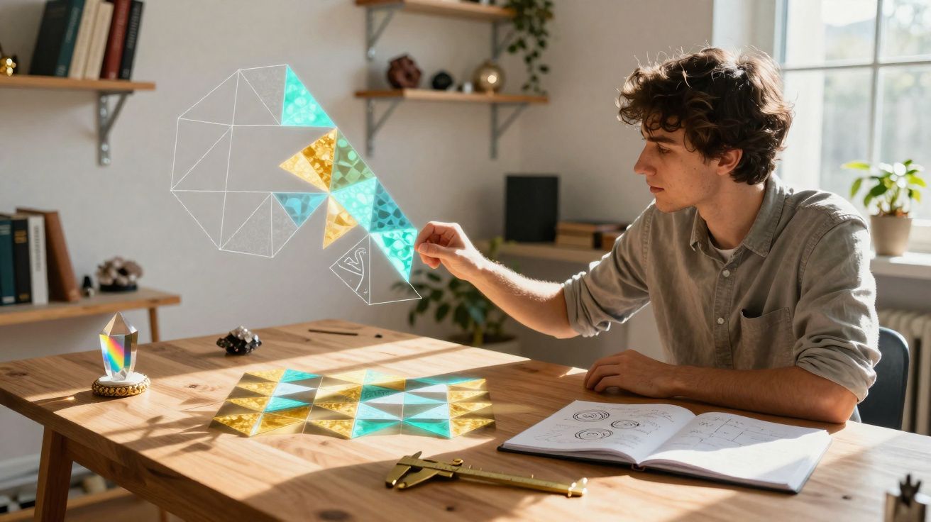 Young man interacting with colourful geometric holograms over a desk with open notebook and tools in a sunlit room.