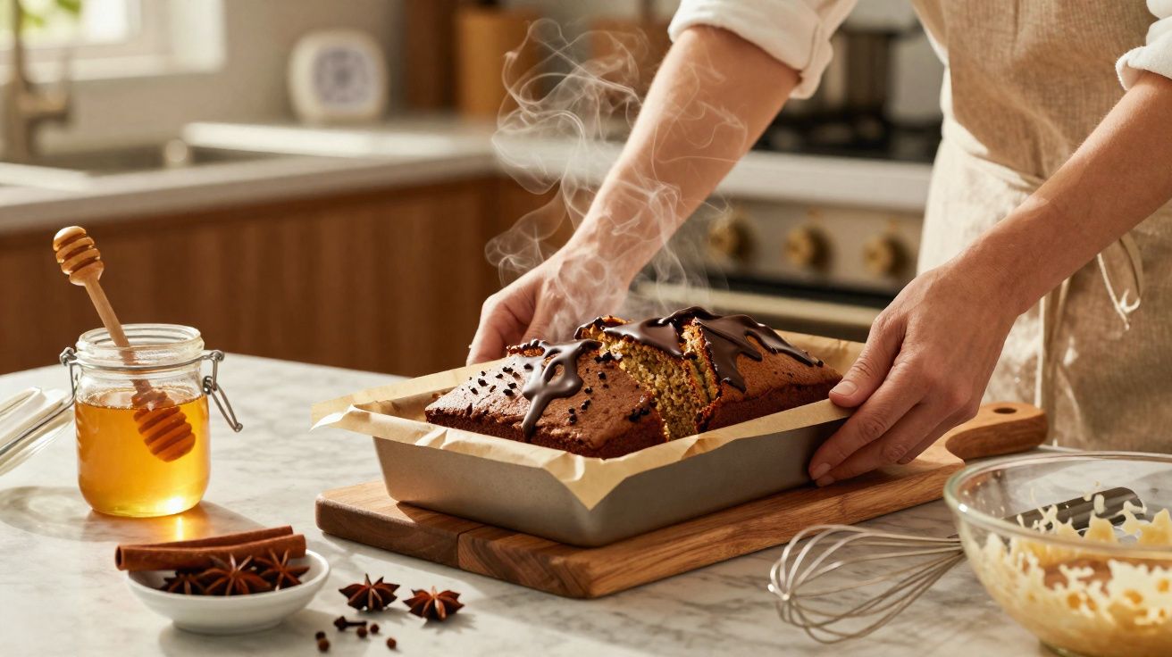 Hands holding a steaming freshly baked chocolate-drizzled loaf cake in a baking tin on a kitchen counter.