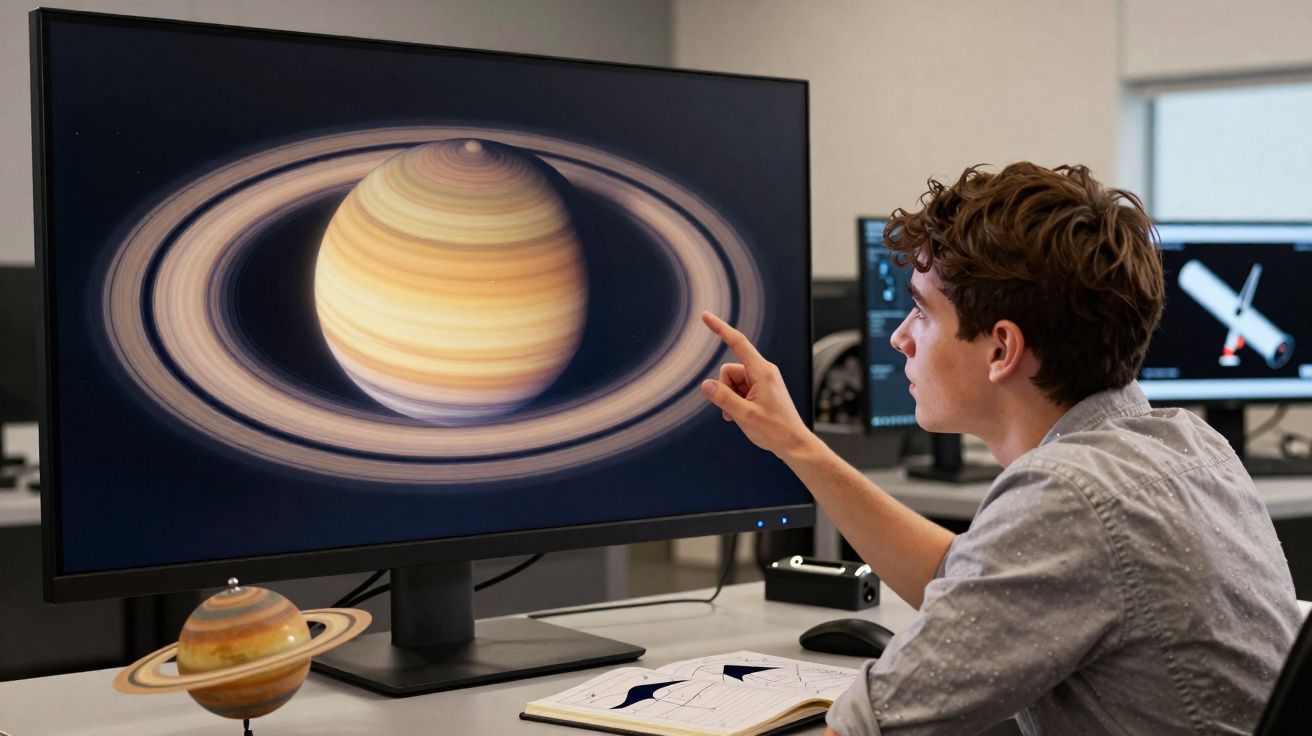 A man pointing at a digital image of Saturn on a computer screen with a model of Saturn on the desk.