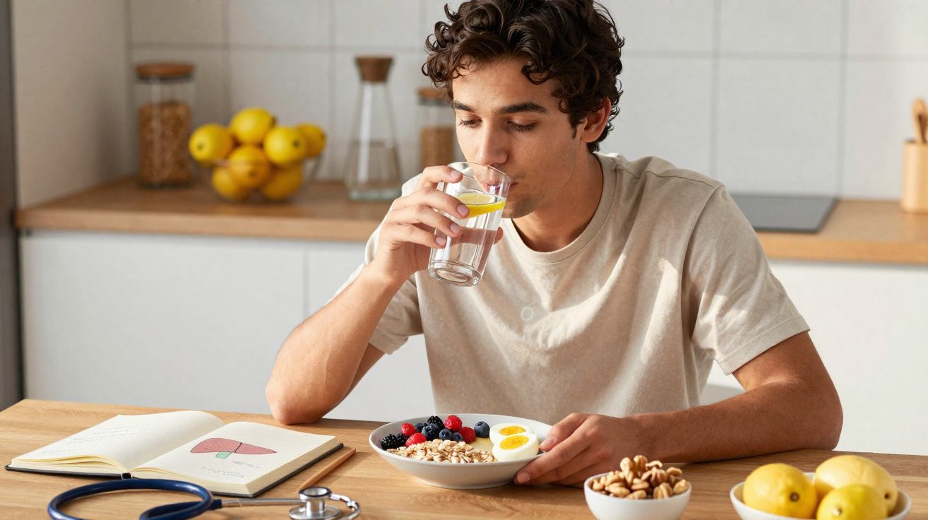 Young man drinking lemon water while having a healthy breakfast in a bright kitchen.