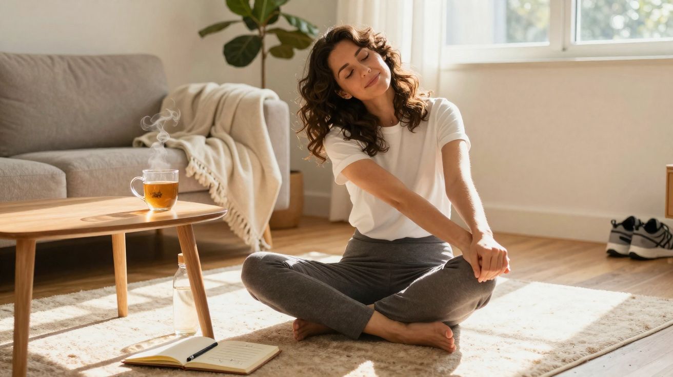 Woman stretching on a rug in a sunlit living room with a steaming cup of tea and open notebook nearby.