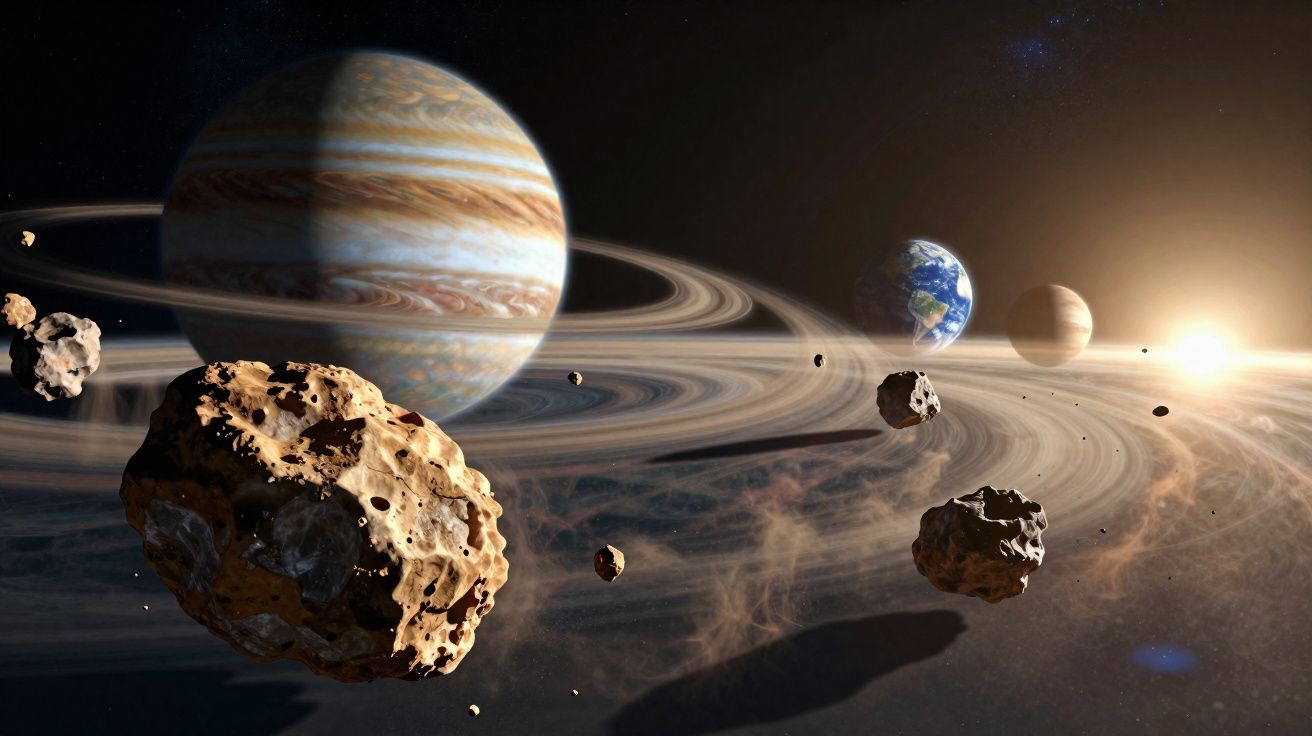 View of Jupiter with its rings, Earth, other planets, and floating asteroids in space near a bright sun.
