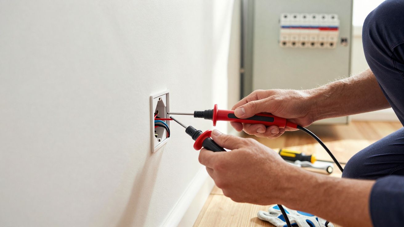 Electrician testing or repairing a power socket with insulated tools on a white wall in a home.