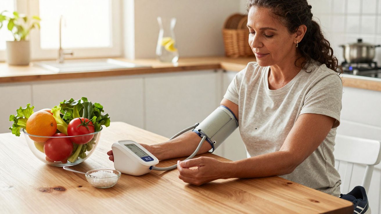 Woman measuring her blood pressure at home kitchen table with fresh fruit and vegetables nearby.