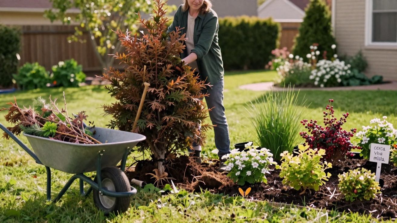 Person planting a small tree in a garden bed surrounded by various flowering plants and gardening tools.