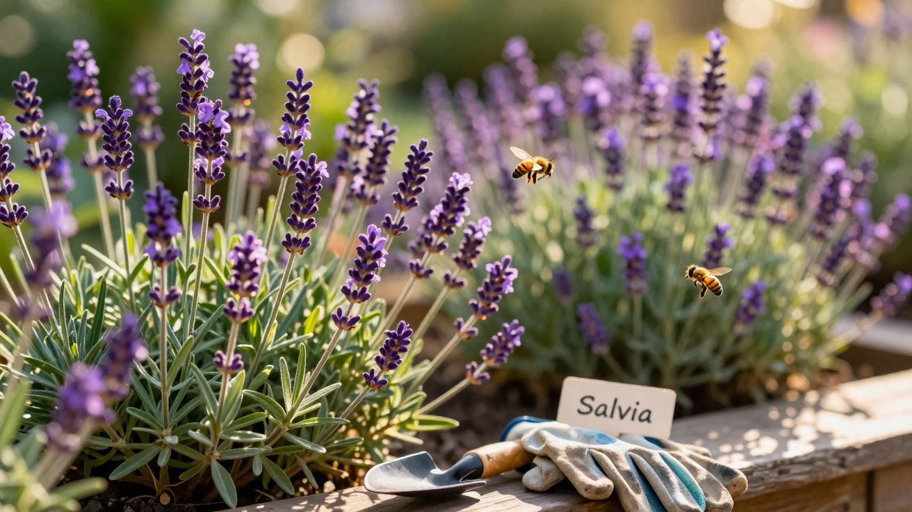 Purple salvia flowers in a garden bed with two bees flying and gardening tools resting nearby.