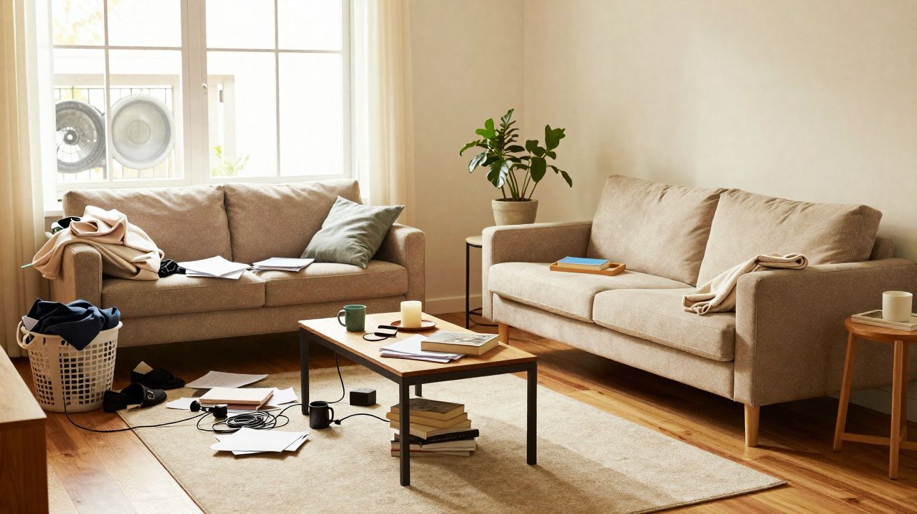 Light-filled living room with beige sofas, wooden floor, coffee table, scattered papers, and a potted plant.