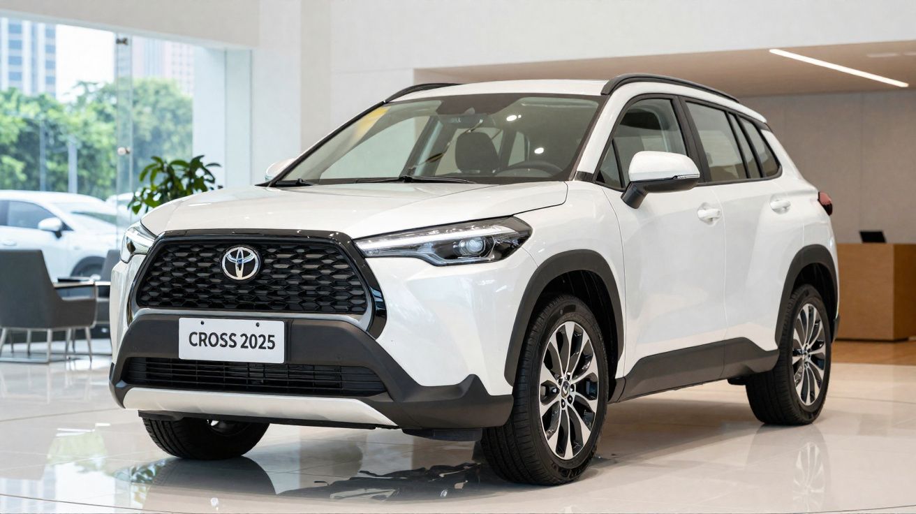 White 2025 Toyota Cross SUV displayed indoors with black grille and alloy wheels.
