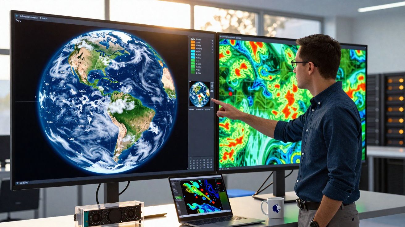 Man analysing weather data on large monitors showing Earth and colourful weather patterns in modern office.