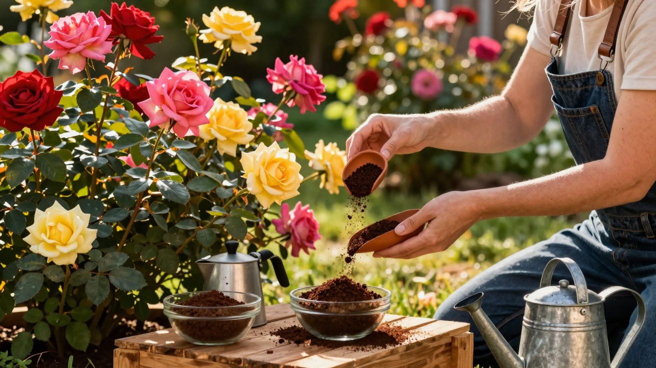 Person filling small terracotta pot with soil beside colourful blooming rose bushes in garden.
