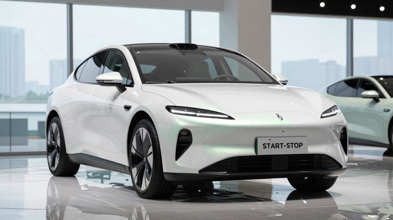 White modern electric sedan on display in a showroom with glossy flooring and cityscape windows.