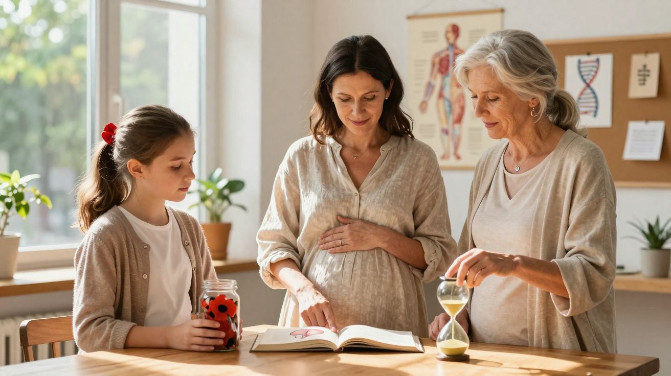 Three generations of women, including a pregnant woman, reading and using an hourglass at a table indoors.